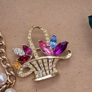 Vintage 1950's Colorful Rhinestone Basket Brooch